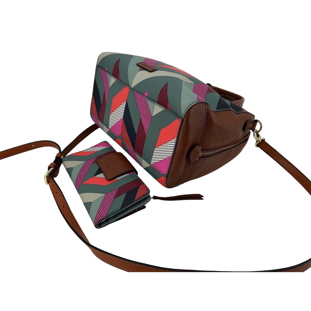 Fossil Geometric Print Satchel Crossbody Bag‎ and Wallet Set Brown Leather Trim - Picture 8 of 14